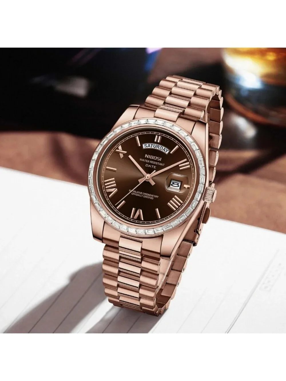 Luxury Men's Analog Quartz Watch, Rose Gold Stainless Steel, Waterproof, Brown